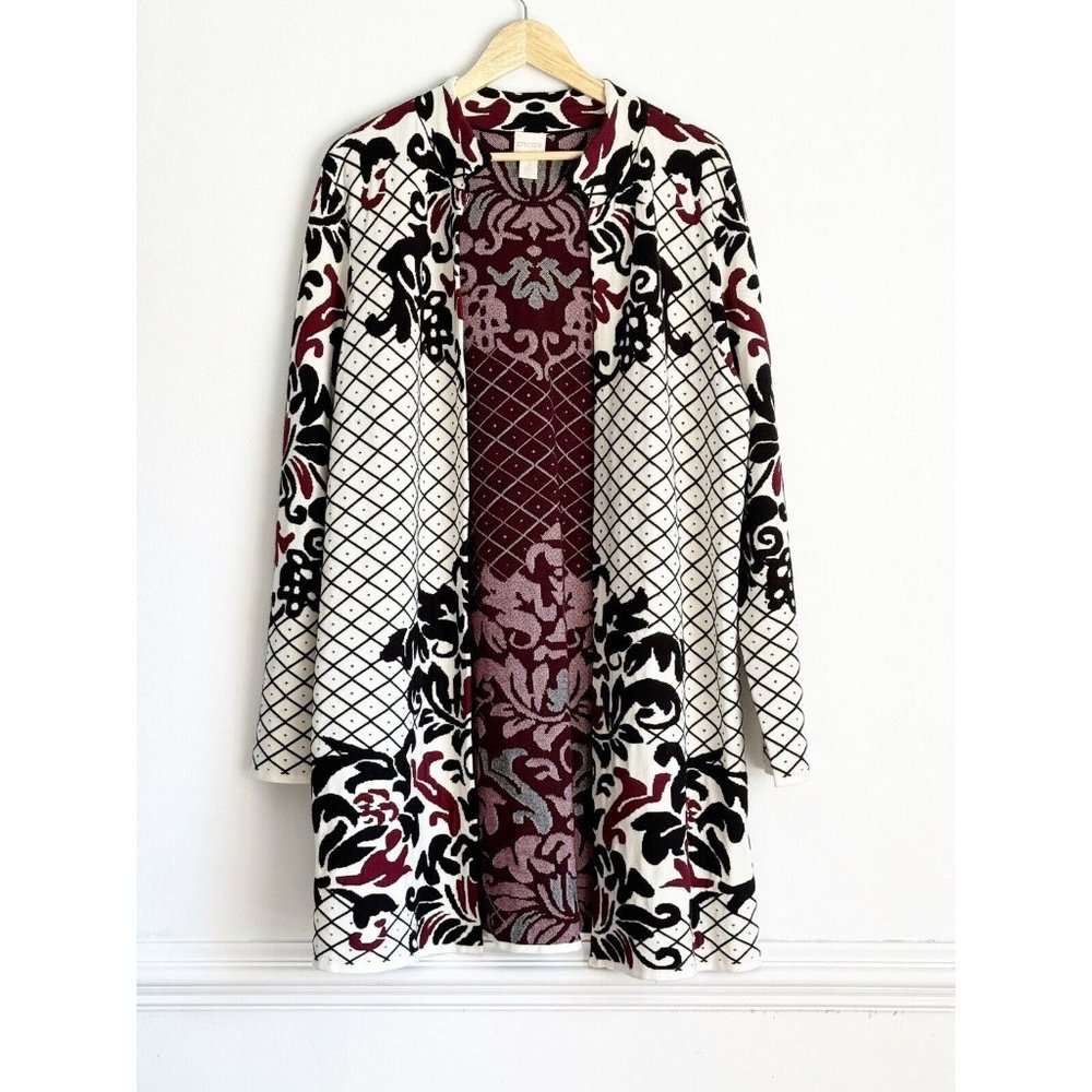 Chico’s Cardigan Jacket Sz 3 XL Black Ivory Stretch Polyester Contrast Scroll - Picture 1 of 15